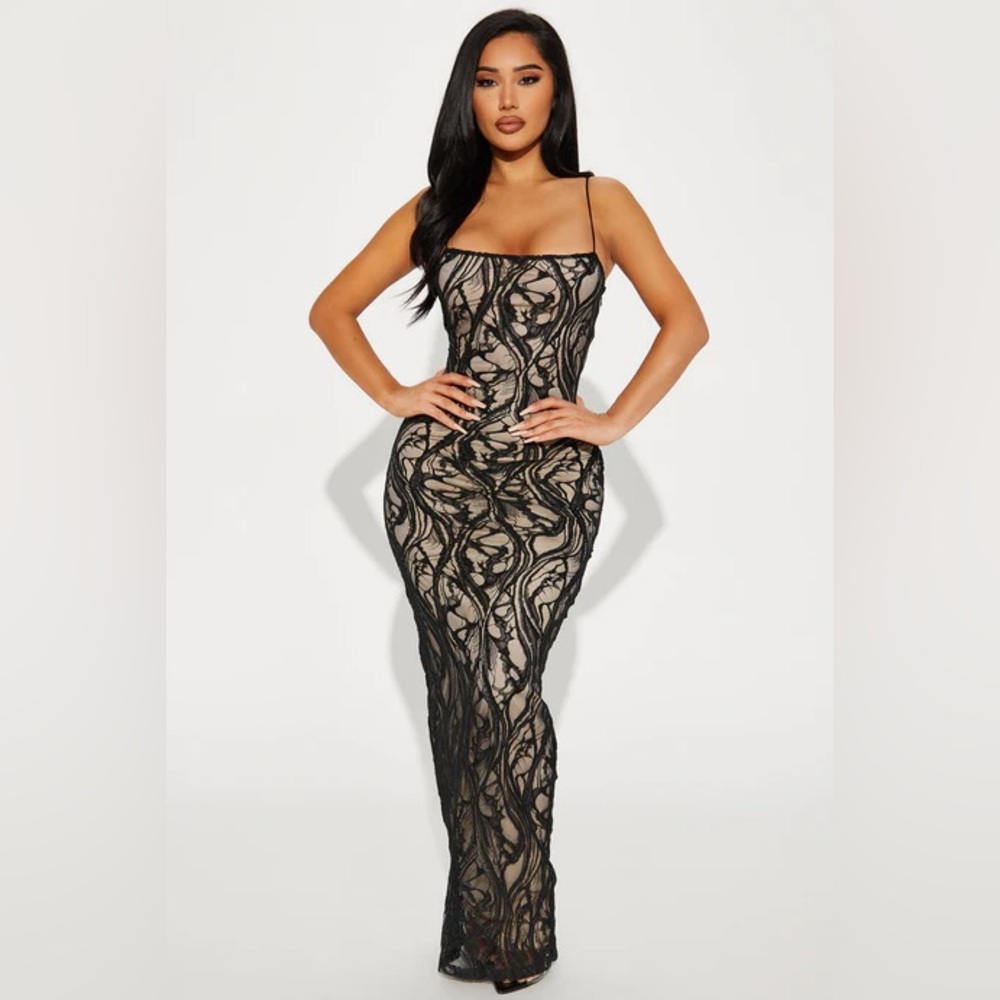 Fashion Nova Black Lace Overlay Nude Slip Dress